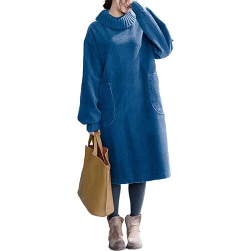 Plus size womens corduroy dress medium-length autumn winter retro turtleneck knitted loose turtleneck bottoming dresses women