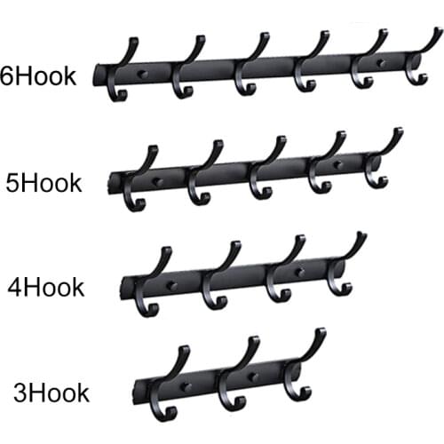 3/4/5/6Hook Punch-Free Wall Hook Entrance Door Back Clothes Key Hanger Bathroom Kitchen Black Metal Storage Hook Home Decor Hook