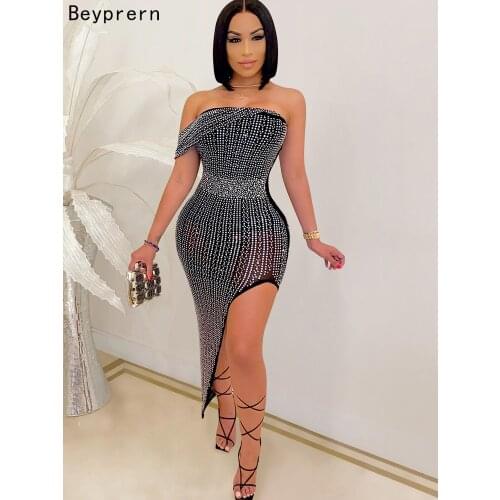 Beyprern Sparkle Off Shoulder Black Crystal Midi Dress Womens Glam Rhinestone Studded Asymmetrical Party Dress Birthday Outfits
