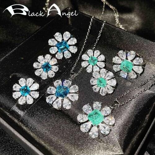 BLACK ANGEL New 925 Sterling Silver Paraiba Sky Blue Topaz Gemstone Earrings Flower Necklace Resizable Ring Wedding Jewelry Sets