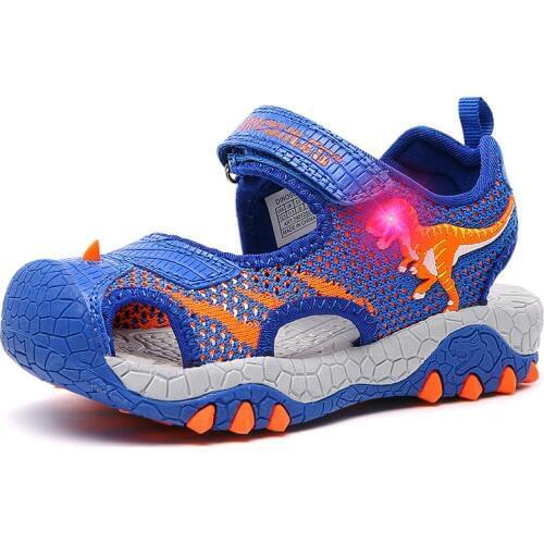 Dinoskulls Kids Boys Sandals LED Summer Toddler Shoes Light Up 3D Dinosaur Childrens Shoes Mesh Breathable Beach Shoes 27-32