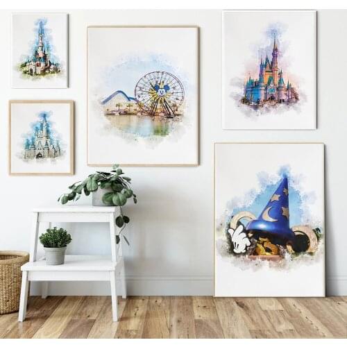 Disney Princess Dream Castle Canvas Paintings Watercolor Cartoon Posters and Prints Wall Art Picture for Living Room Home Decor