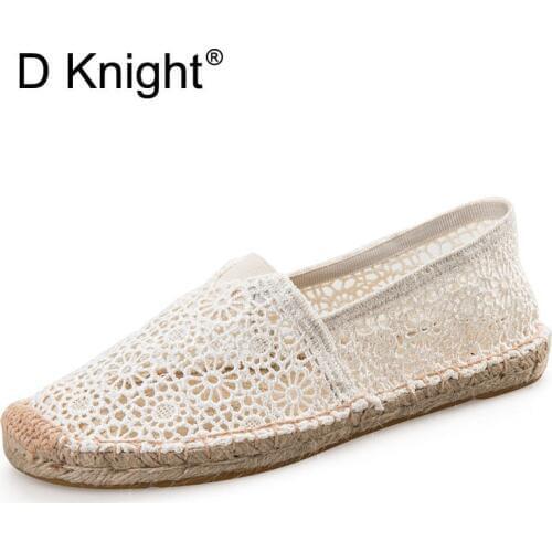 2018 New Women Flats Espadrilles Lace Straw Fisherman Shoes Summer Hollow Hole Casual Shoes Big Size Lady Hemp Rope Sandal Shoes