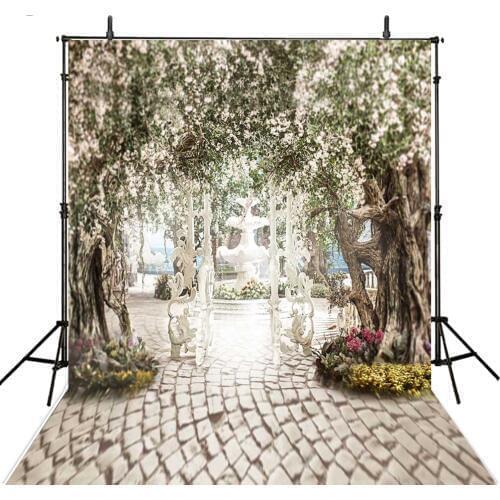 Love Tree with Blooming Flowers Wedding Backdrop Photography White Brick Floor with Elegant Door for Wedding Shoot