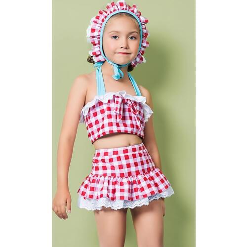 Girls Two Piece Swimsuit Falbala High Waisted Skirted Bikini Set Halter Neck Swimwear Gingham Printing Bathing Suits with Hats