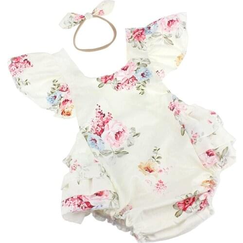 Baby Girls Summer Rompers Cotton Vintage Floral Ruffle Jumpsuits Newborn Playsuits Girl Clothing with Headband