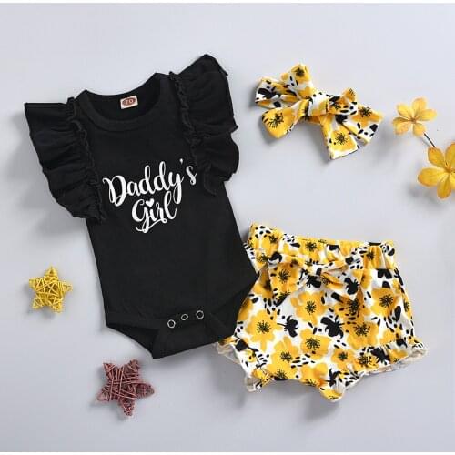 Newborn Baby Girls Summer Outfits Letter Ruffle Bodysuit Floral Shorts Headband 3PCS Sets Toddler Infant Girl Outfit Clothes Set