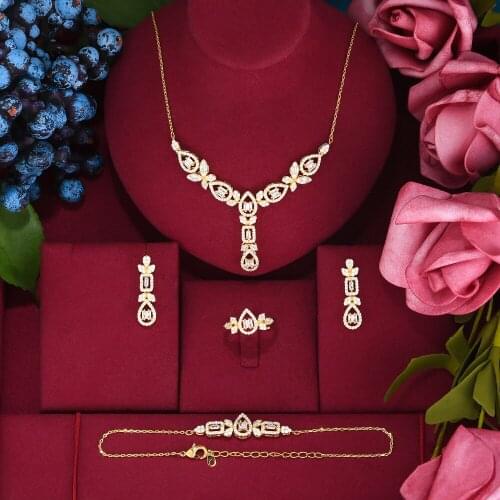 Missvikki Luxury Retro 4PCS Cute Necklace Bangle Earrings Ring Jewelry Set For Women Wedding Party Show Accessories High Quality