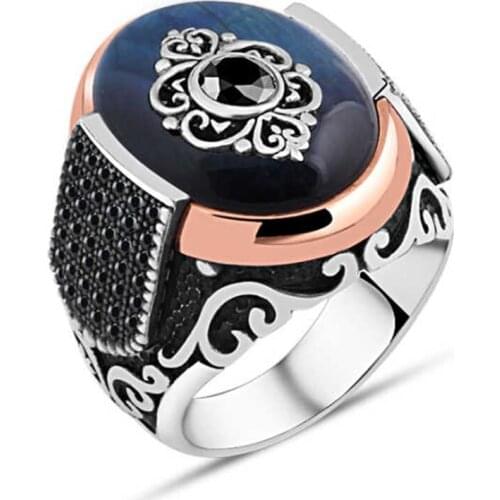Blue Synthetic Amber Silver Men 'S Ring