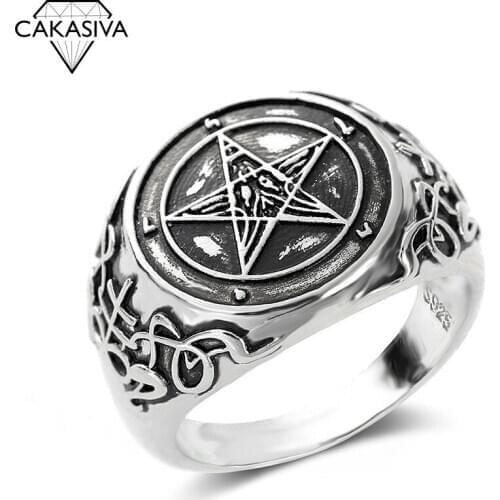 Mens 925 Vintage Thai Silver Devil Pentagram Band Badge Ring Party Gift Jewelry Ring Wholesale