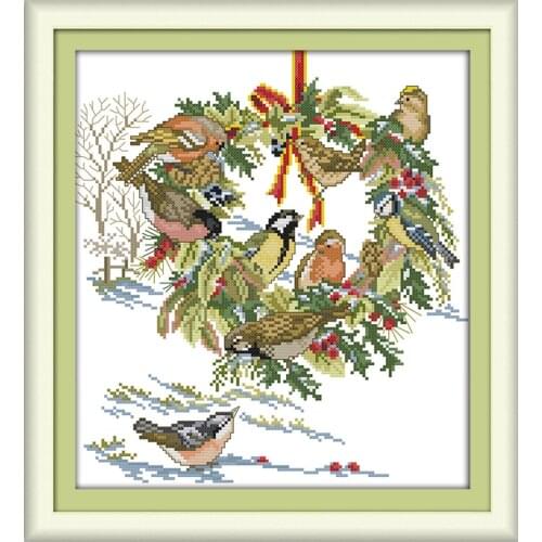 The wedding birds cross stitch kit DIY hand embroidery set craft handmade needlework winter snow season skiing snowman set