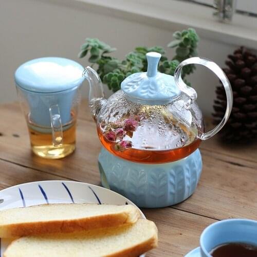 Candy color Heat-resistant glass teapot set with ceramic base heated kettle fruit colorful tea pot set