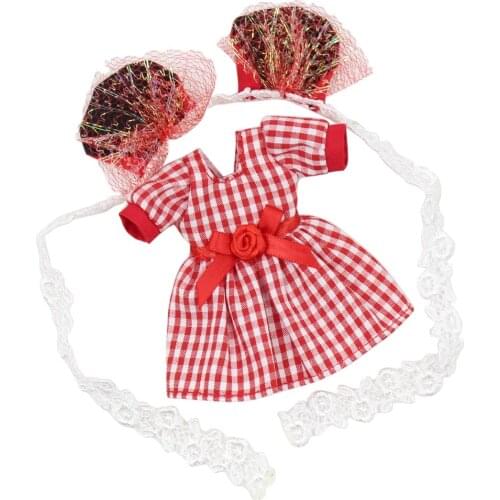 Outfits for Middie Factory Blyth doll Red Plaid dress with hair band suit for 20cm BJD