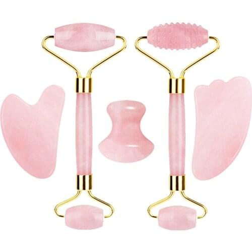 Natural Rose Quartz Jade Roller Set Real Jade Gouache Scraper Jade Massager Gua Sha Board Facial Massager Face Massage Roller
