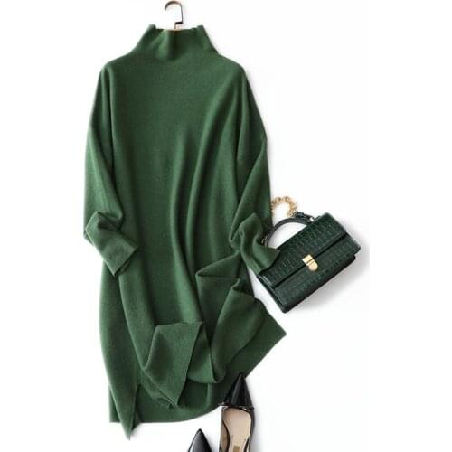 New style warm long sleeve womens oversized turtleneck 100% cashmere sweater dress for winter