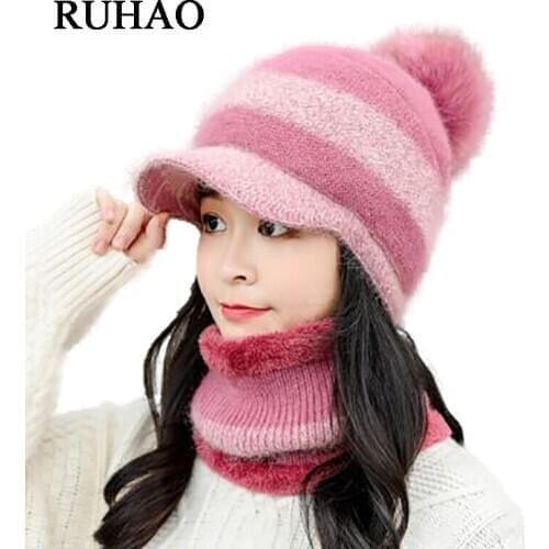 New Winter Womens Rabbit Hair Hats color matching Beanies Skullies Hat Female Riding Bib Knitted Pompom Fur Hats Scarf Sets