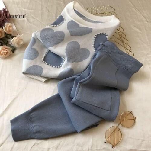 Korean Autumn Love Printed Knitted 2 Peice Set Women Short Sleeve Beading Sweater Female Tops + Pants Suit Pink casual Tracksuit
