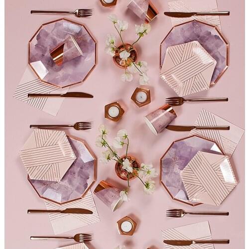 Disposable tableware Party Rose Gold Paper Plates Party Decor Set Striped Pink Cups Plate Napkin Birthday wedding Supplies