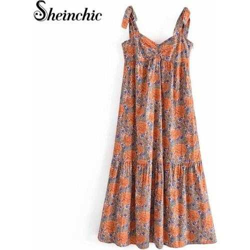 Vacation Boho Floral Midi Dresses for Women 2021 Summer Vintage Sexy Spaghetti Strap Printed Ruffles Dress Robe Femme