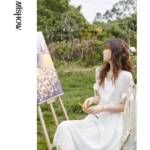 MISHOW Beach Dress For Women Summer New V Neck Solid High Waist Dresses Elegant Lace Long Dress Female Vestidos MXA21L0041