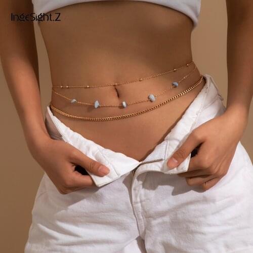 IngeSight.Z 2Pcs/Set Natural Opal Stone Link Chain Harness Waist Belly Chain Multi Layered Bead Chain Bikini Body Women Jewelry