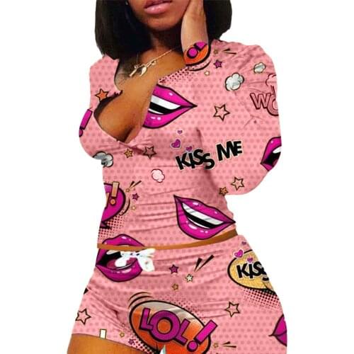 Echoine Casual lounge wear Homewear Cartton Letter Print Long Sleeve V-neck Sexy Crop Top Tshirt Shorts Set Two Piece Set Outfit