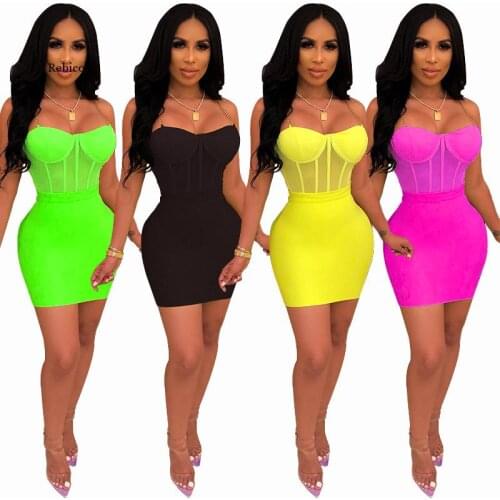 Sexy Neon Green Dress Women Clothing Spaghetti Strap Mini Great Birthday Summer Dresses Bodycon Party Club Dress Women 2-Pieces