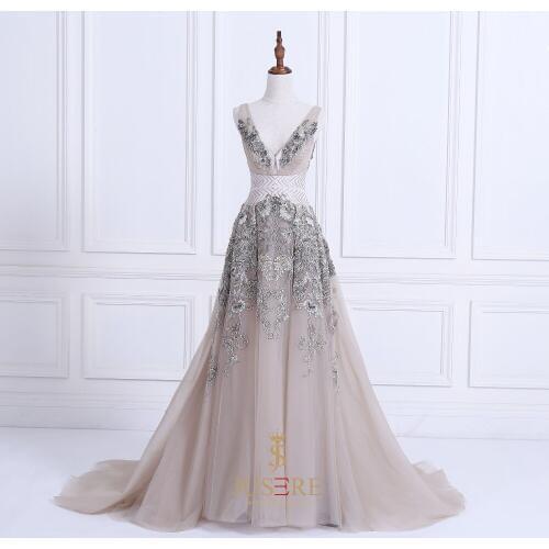 Sexy deep v neckline backless champagne color with beaded embroidery appliques red carpet dress evening gown robe de soiree