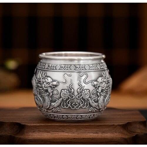 Hundred Blessing Auspicious Dragon Style Pure Silver 999 Tea Cup Kungfu Master Teacup Harmony Fine Bless Cups Tearoom Supplies