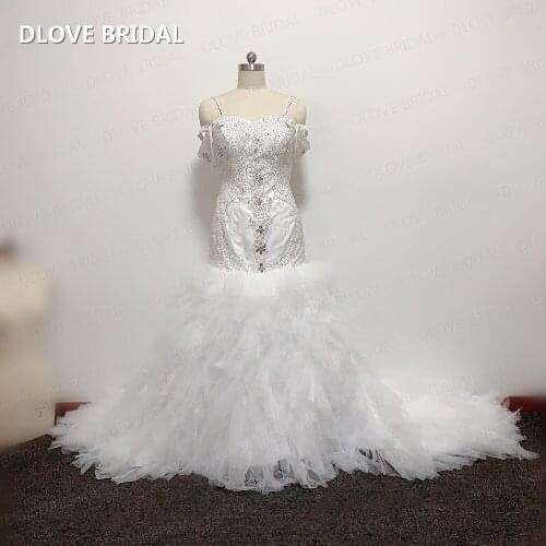 High Quality Ruffles Mermaid Wedding Dress Spaghetti Straps Luxury Crystal Beaded Bridal Gown