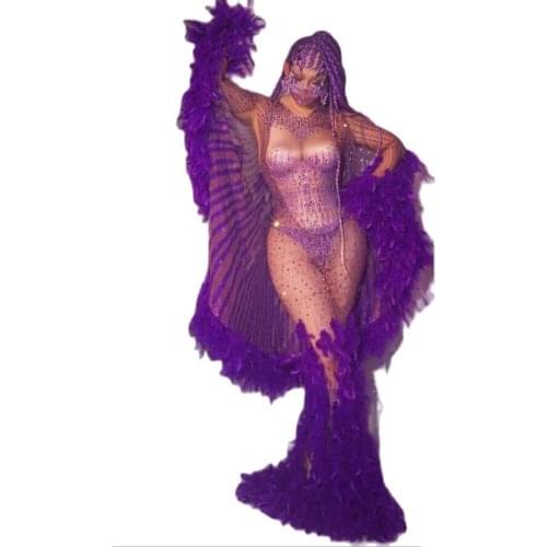 Dance Bodysuits Outfit Nightclub Costume Perspective Sexy for Singer Carnival Mermaid with Feather Design Two Pcs Set