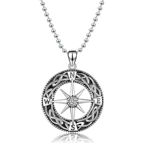 Vintage Antique Silver Plated Hollow Compass Pendant Viking Necklaces For Men Hip Hop Jewelry Accessories