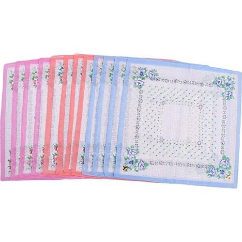 Vintage Set 12 Ladies Handkerchief Hankie Purple Blue Orange Flowers 30x30cm
