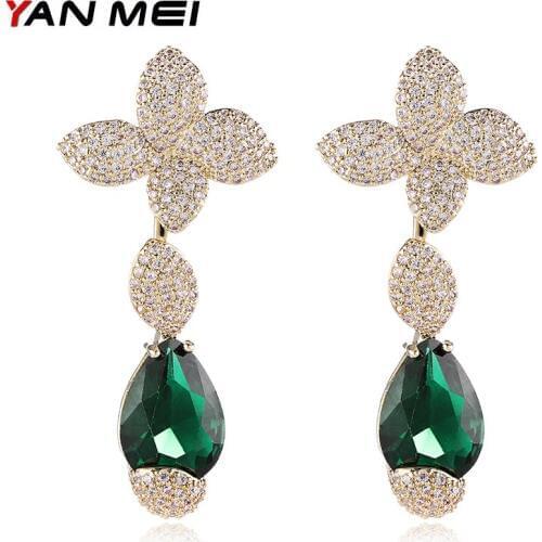 YANMEI Rhinestone Flower Shape Dangle Earrings For Women CZ Two Levels Elegant Plant Earring Fashion Jewelry Gift YME9