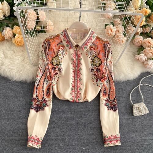 Autumn New Bohemian Retro Shirt Womens Lapel Long-sleeved Loose and Thin All-match Vacation Travel Shirt Women UK464