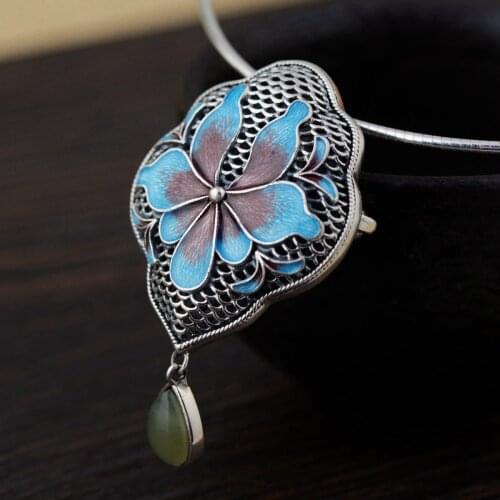 Authentic S925 Sterling Silver Inlaid Hetian Jade Thai Silver Ethnic Style Jewelry Exquisite Burnt Blue Brooch Womens Pendant G