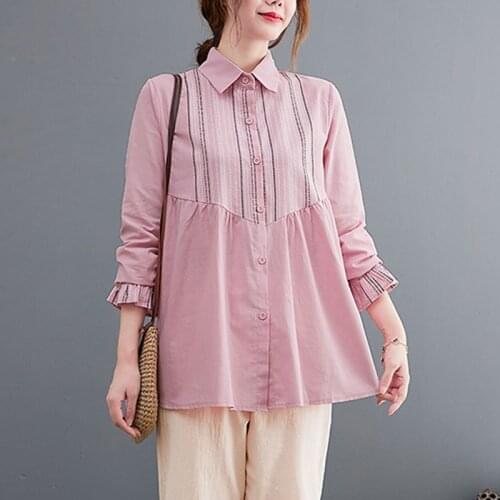 Women Long Sleeve Casual Shirts New Arrival 2021 Autumn Vintage Style Turn-down Collar Loose Ladies Elegant Cotton Tops B841