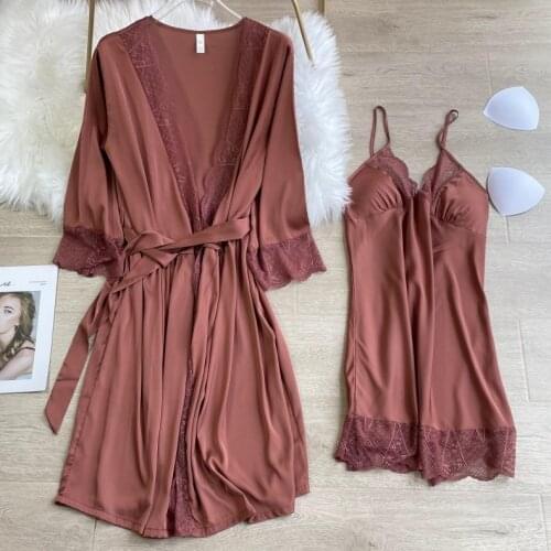 Lace 2PCS Sleep Set Nightgown Women Kimono Bathrobe Gown Satin Nighty&Robe Suit Intimate Lingerie Casual Nightdress Nightwear