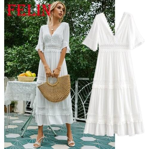 Za Fashion 2021 White Women Summer Dress V Neck Lace Chiffon Midi Party Dress Short Sleeve Ruffles A-Line Mujer Vestidos
