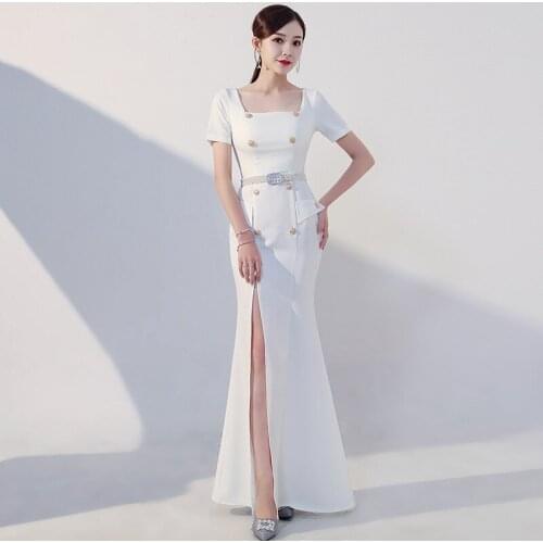 Evening Dress Button Fashion Mermaid Zipper Back Square Collar White New Floor-length Plus size Women Formal Party Dresses C1297