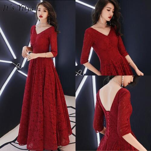Its Yiiya Evening Gowns Half Sleeve Lace Floor-Length Women Party Dresses Vintage A-Line V-Neck Backless Robe De Soiree LF161