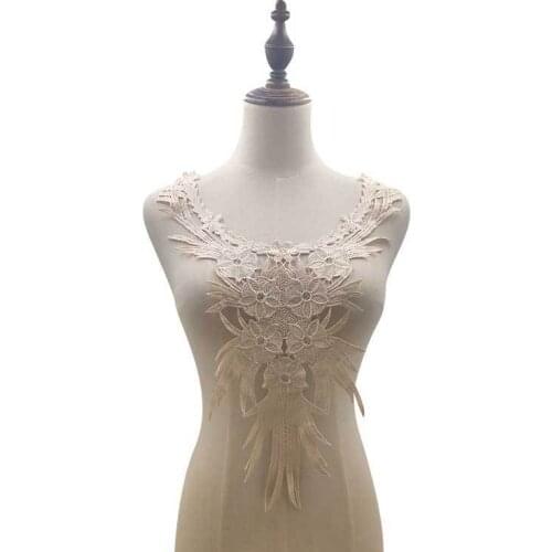 1 Pc Ivory White Embroidered Flower Body Neckline Lace Applique Trimmings Collar for Evening Dress Sewing DIY Scrapbooking Patch