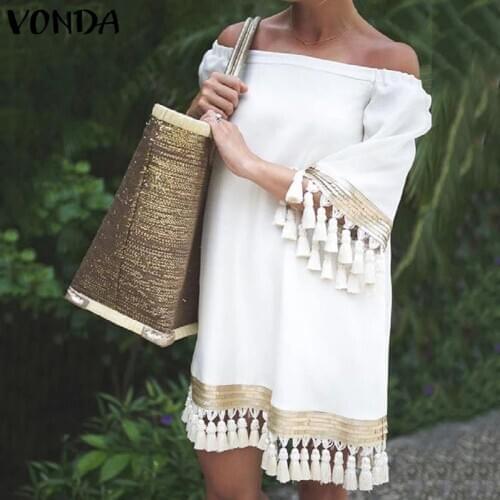 2021 VONDA Summer Sundress Women Sexy Off Shoulder Party Dress Female Vintage Mini Dress Holiday Casual Vestidos