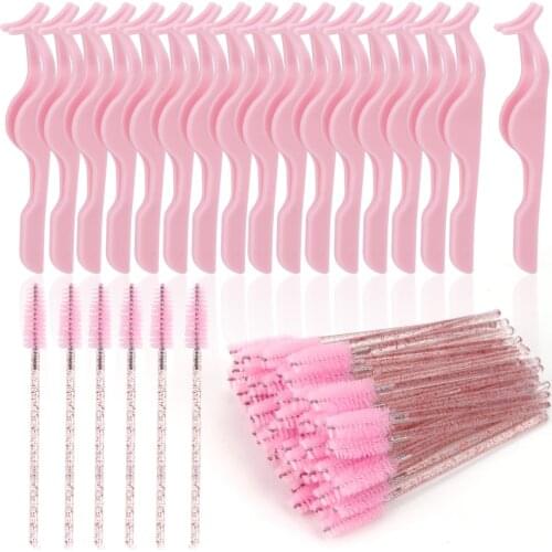 24Pcs Plastic Lashes Forceps Clip False Eyelash Extension Applicator Hair Tweezers 100Pcs Disposable Brushes Mascara Wands Tools