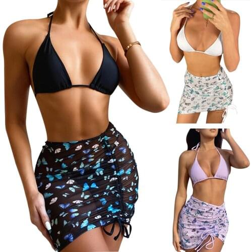 3 Piece Set Women Triangle Bikini Swimsuit Sling Rope Tie Bath Sexy Bottoming Thong Skirt Bathing Suit Bottoming