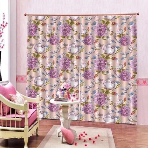 Purple Flowers Curtain For Living Room Bedroom Pastoral scenery Blackout home Drapes Decor Sets (Left and Right Side)