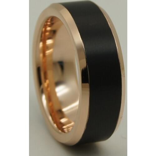 8mm width men/women unique shiny rose gold & middle black brush plating tungsten ring