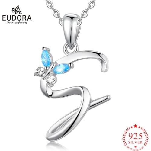 EUDORA 925 Sterling Silver Letter S Pendant Initial A Alphabet 8 Letters Necklace with blue crystal butterfly Jewelry CYD109-2