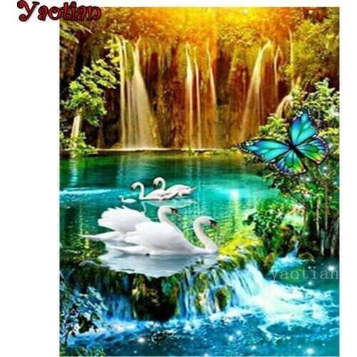 Diamond Embroidery Swan Waterfall Lake The Scenery Diamond Art 5D Diamond Mosaic Full Square Round Drill Wall Stickers Decor