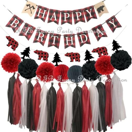 Lumberjack Party Happy Birthday&Woodland Bear Banner Paper Balls Tassel Garland for Camping Birthday Party Wedding Decorations